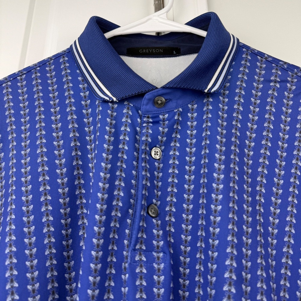 Greyson Blue Sugar Bee Print Polo Shirt Large Performance‎ Golf Stretch Sporty